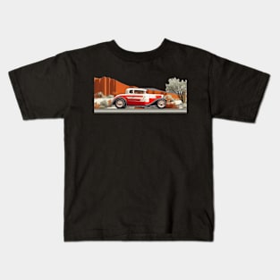 Hot Rod Desert Runner Custom Classic Car Retro Style Chopped Top Moon Hub Caps Desert Street Scene Hot Rod Kids T-Shirt